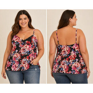 Torrid 2X Black Floral Chiffon Cami Top Lined Plus Size Boho Flowy Tank Relaxed
